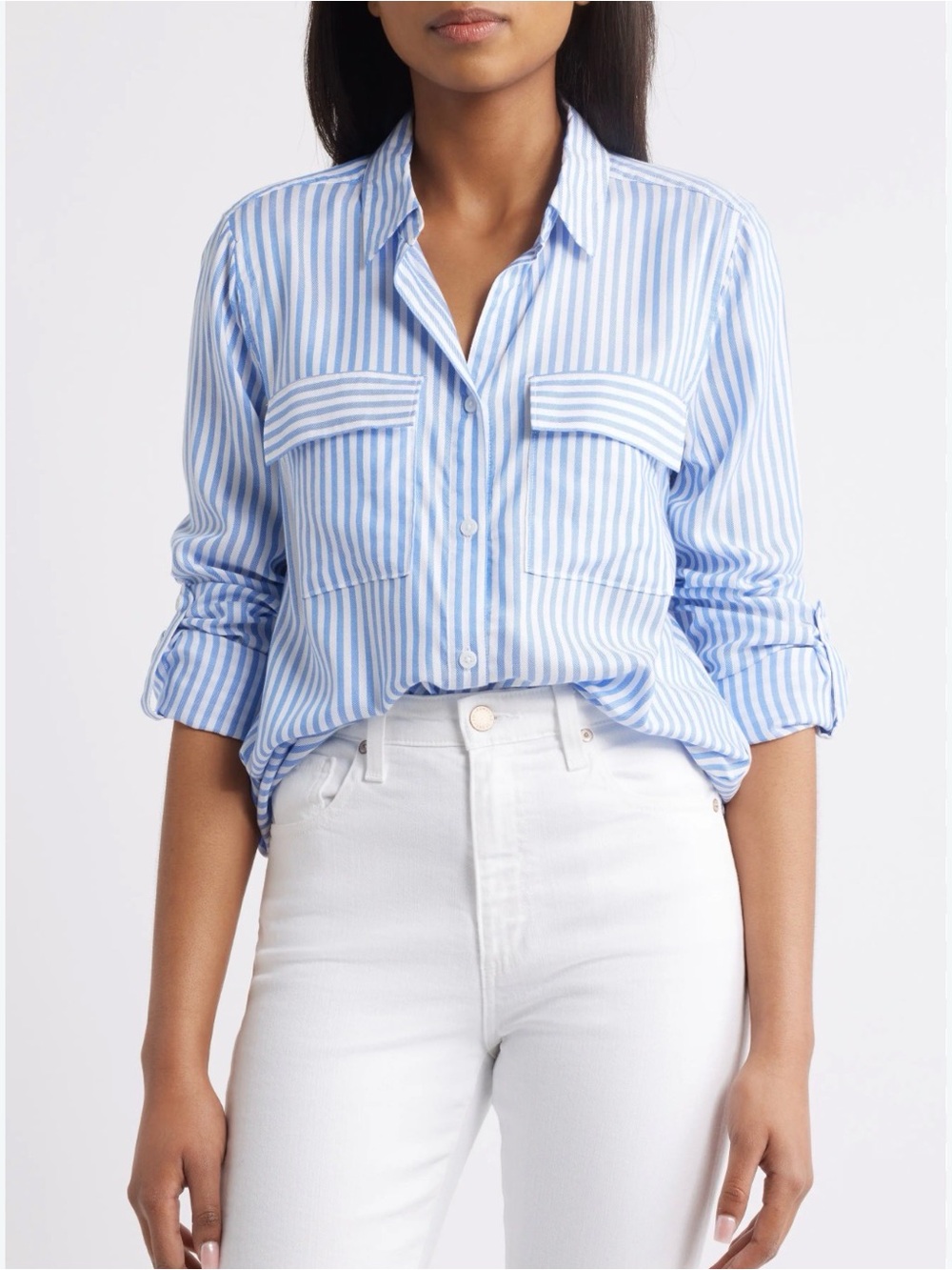 beachlunchlounge Blue Ice Striped Farrah Button Up Utility Shirt Size Large